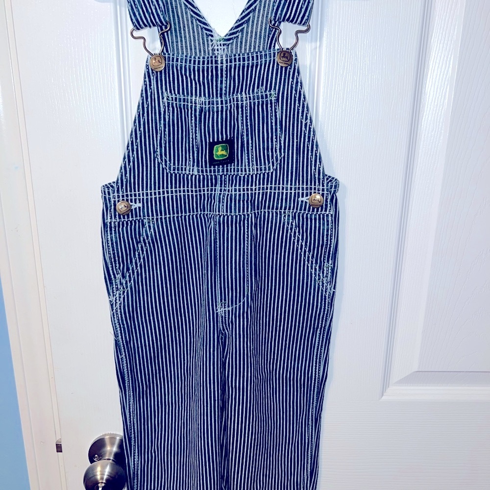 John Deere size 2T blue/white striped overalls